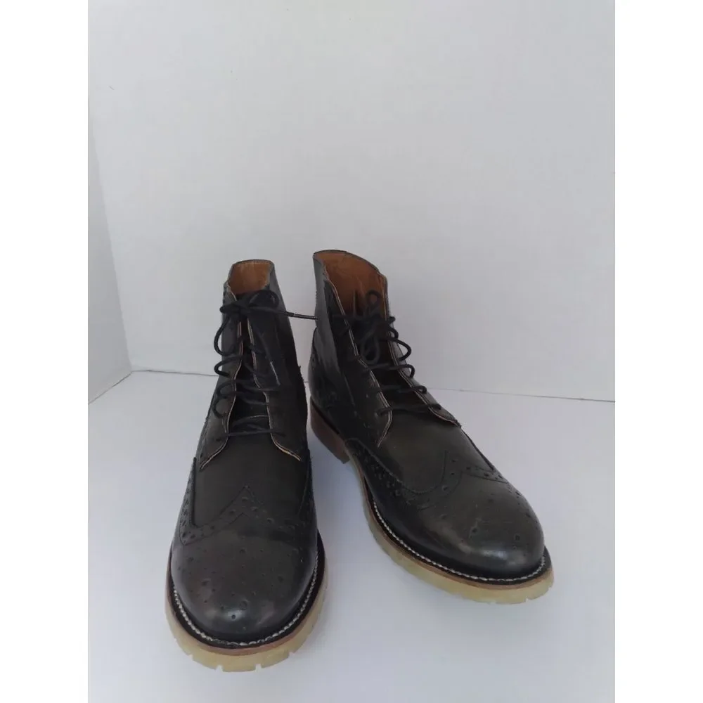 Classic Black Leather Wingtip Brogue Boot with Contrast Sole - Casual Dress Boot